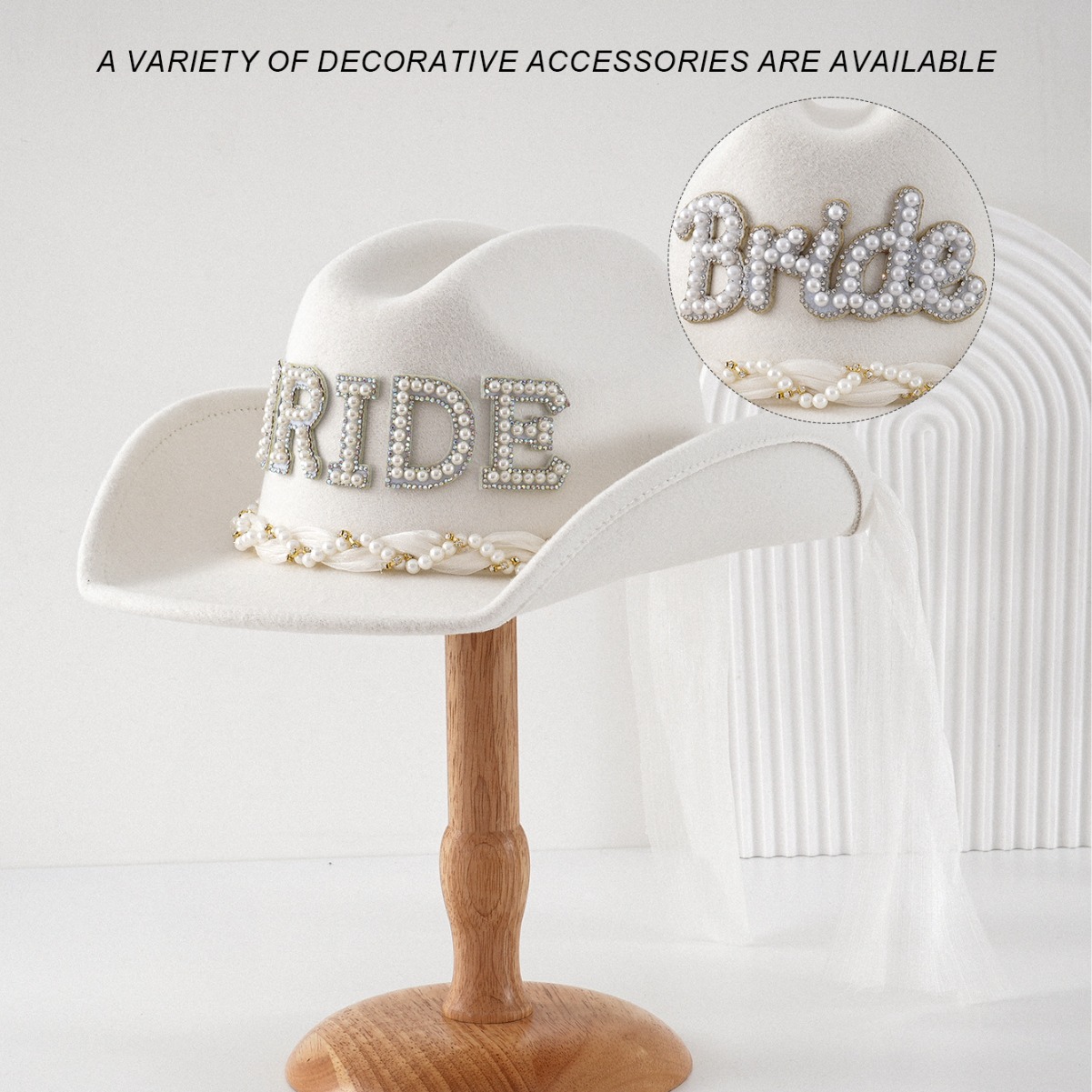 女款中性款西部牛仔帽子高级感金丝缎带配珍珠BRIDE 欧美新娘礼帽