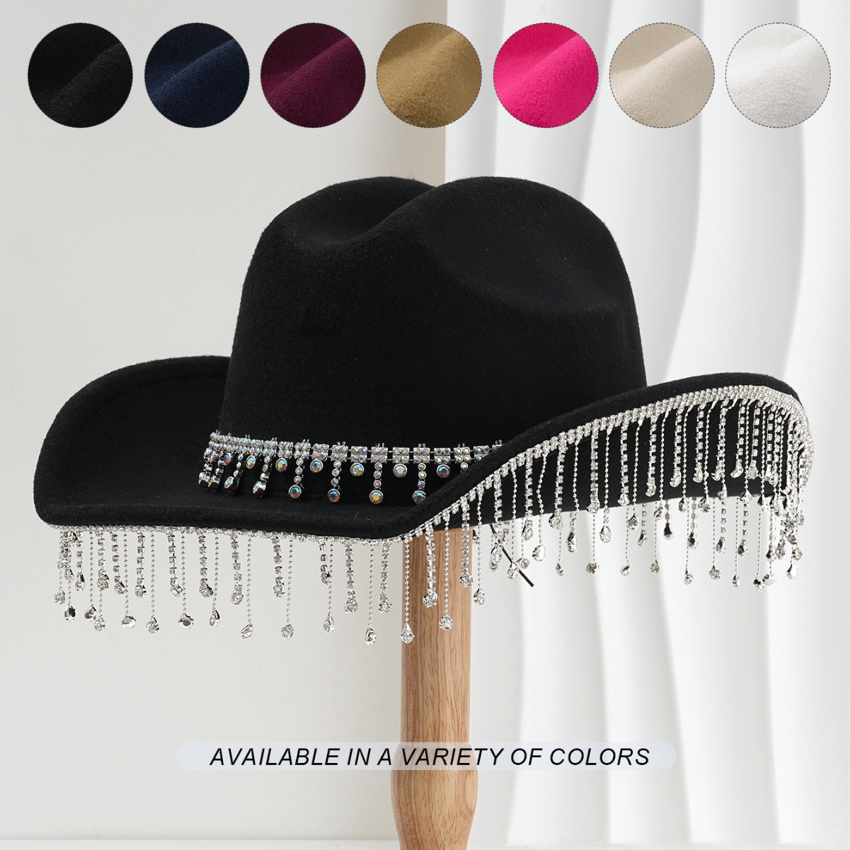 女款中性款西部牛仔帽  水滴宝石中链配水钻流苏欧美帽子新娘礼帽