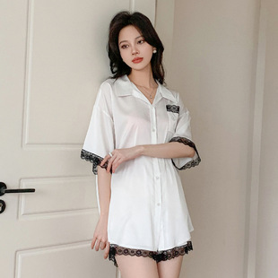 套装 耀婷蝴蝶睡衣春夏季 领短裤 衬衫 宽松缎面丝绸家居服跨境 女短袖