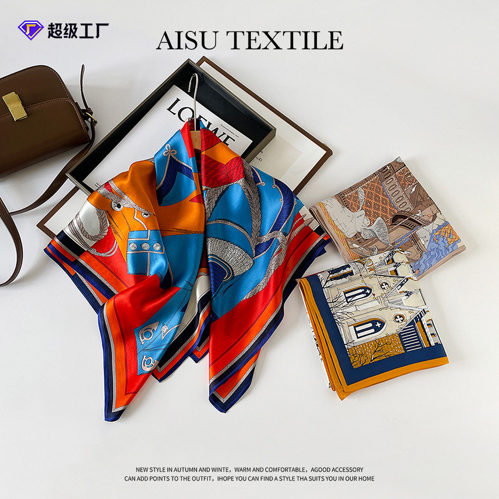 90cm丝丝巾女士桑蚕丝方巾复古百搭披肩围巾奢华绸缎大方巾外贸