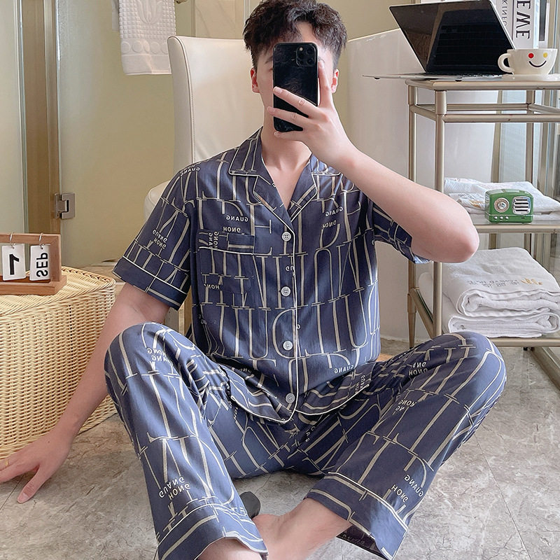 新款短袖棉绸睡衣男春夏款简约感薄款男士夏季翻领家居服套装外贸