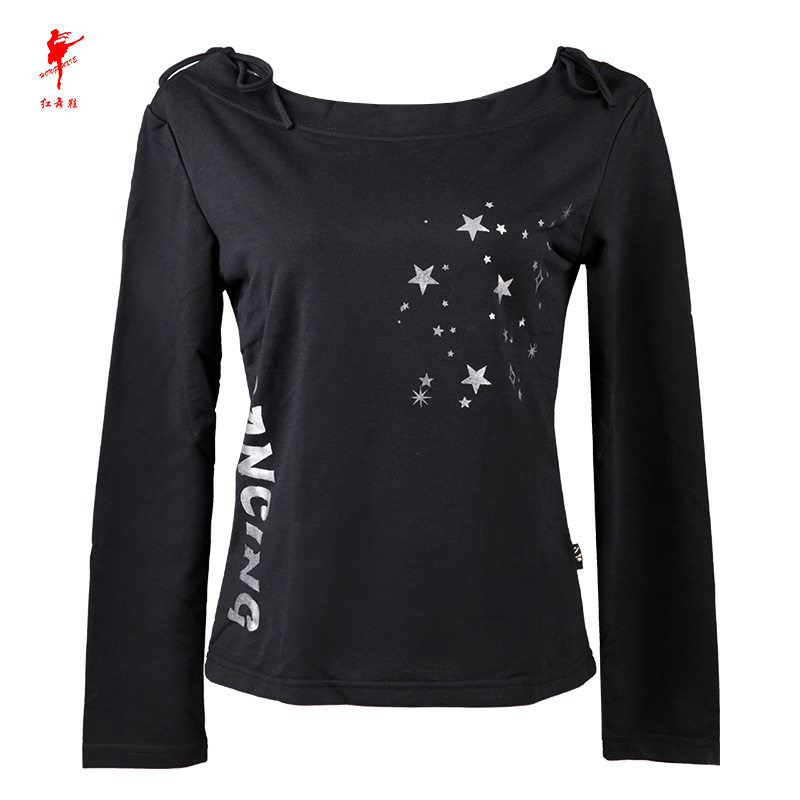 红舞鞋广场舞服长袖黑色上衣舞蹈练功服跳舞衣服女成人春秋季健身