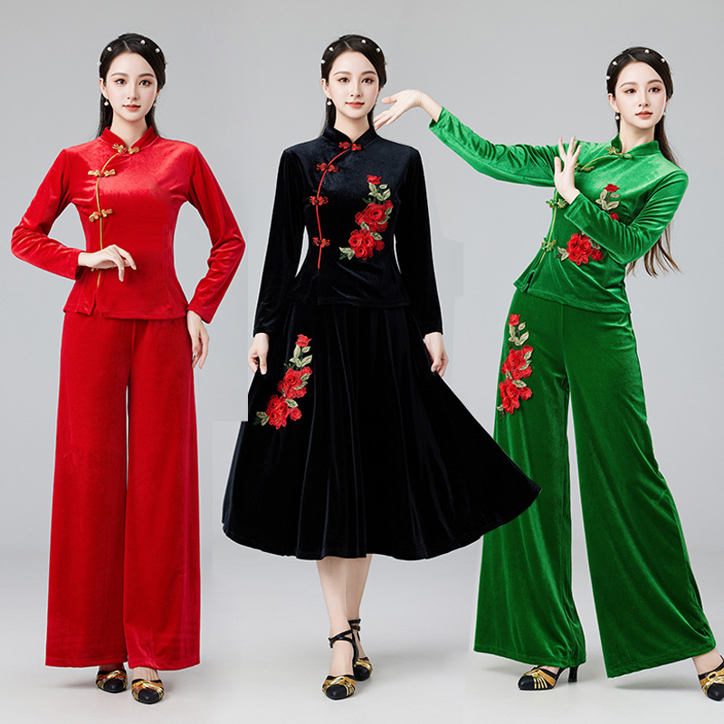 旗袍领广场舞服装新款套装秋冬金丝绒演出服女大摆裙阔腿裤跳舞衣