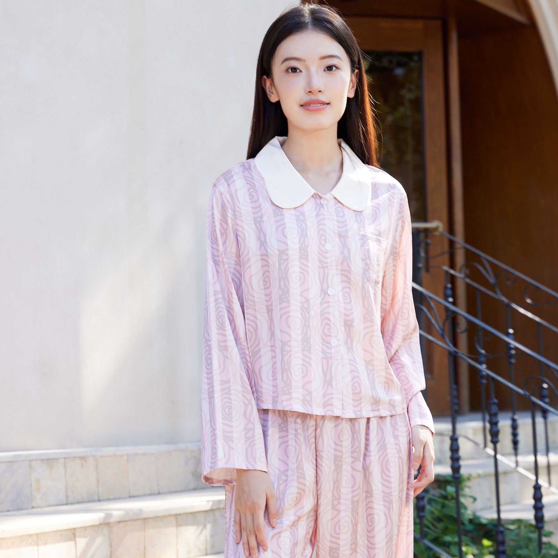 娃娃领条纹玫瑰冰雪丝睡衣女2026新款春秋季短款长袖长裤薄外贸