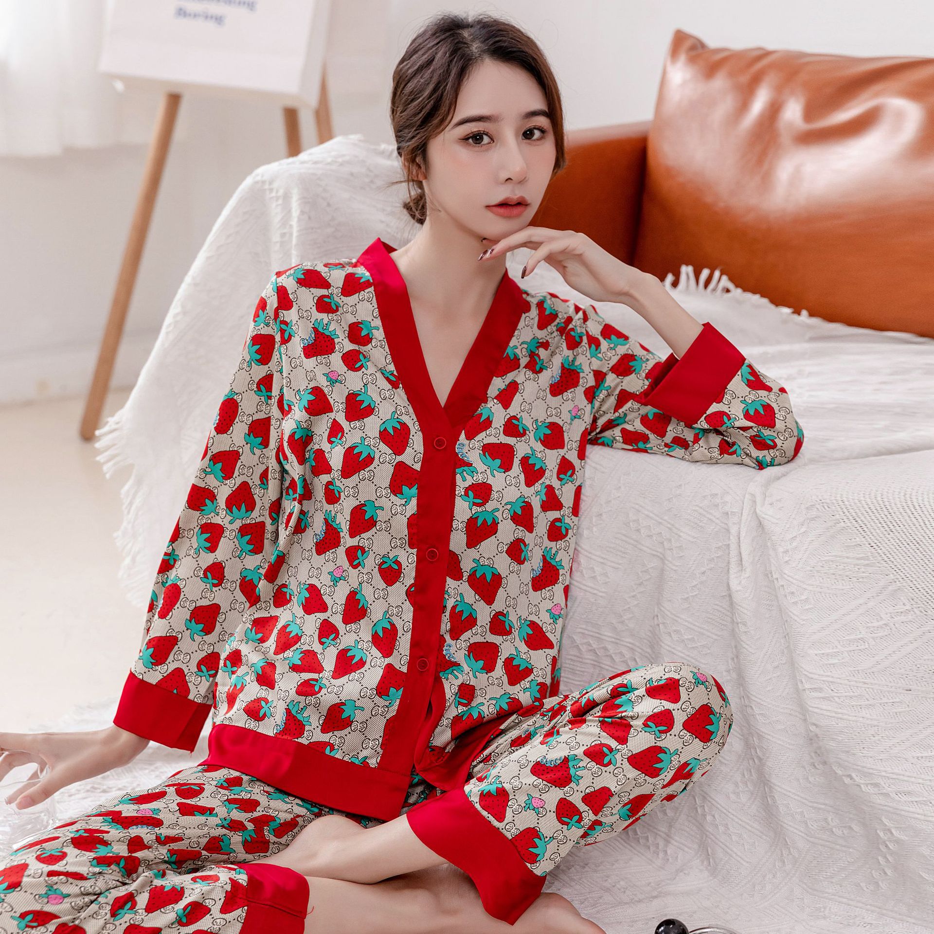 睡衣女夏季新款冰丝长袖开衫套装2026春秋薄款网红性感家居服外贸