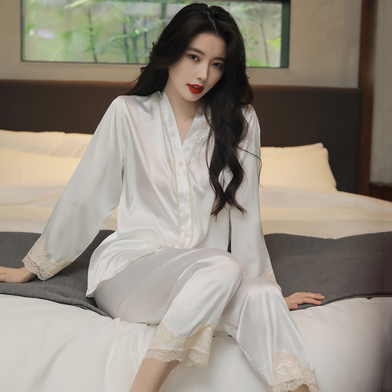 2026睡衣女夏季薄款冰丝长袖开衫套装抖音性感蕾丝家居服春秋外贸