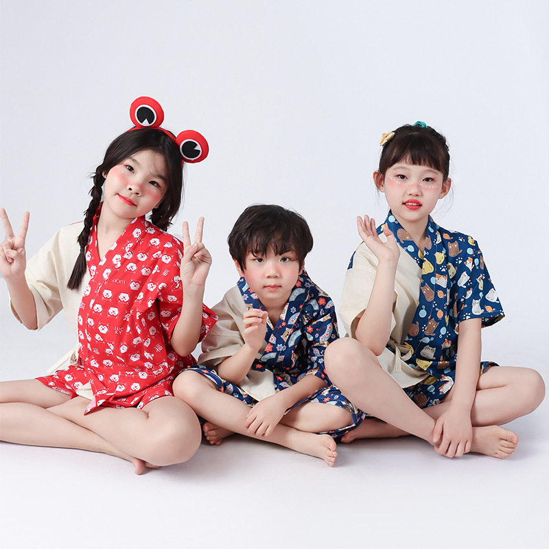 2026新儿童夏季和服睡衣套装短裤短袖女童男童卡通浴服汗蒸服亲子