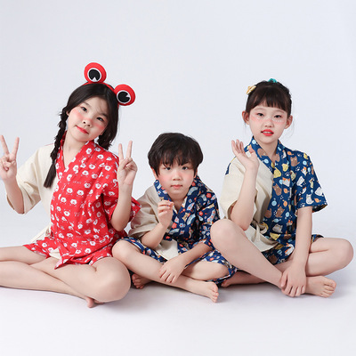 2025新儿童夏季和服睡衣套装短裤短袖女童男童卡通浴服汗蒸服亲子
