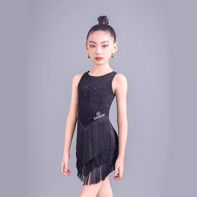 少儿拉丁舞服装2025夏季新款女童练功服高级感黑色舞蹈流苏演出服