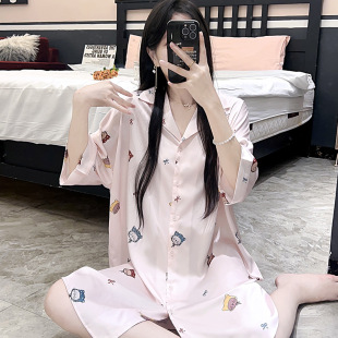 睡裙夏季女可爱卡通冰丝绸凉感短袖睡衣女士大码夏天家居服春秋款