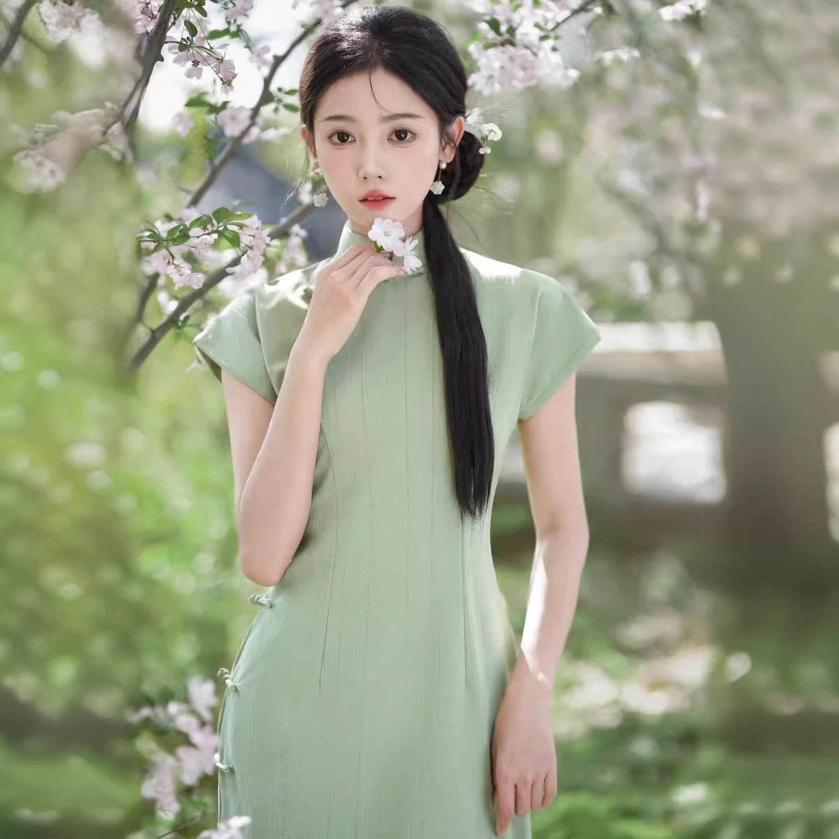 2026夏新款国风小个子显白绿色舒适透气文艺tr棉中长改良旗袍礼服