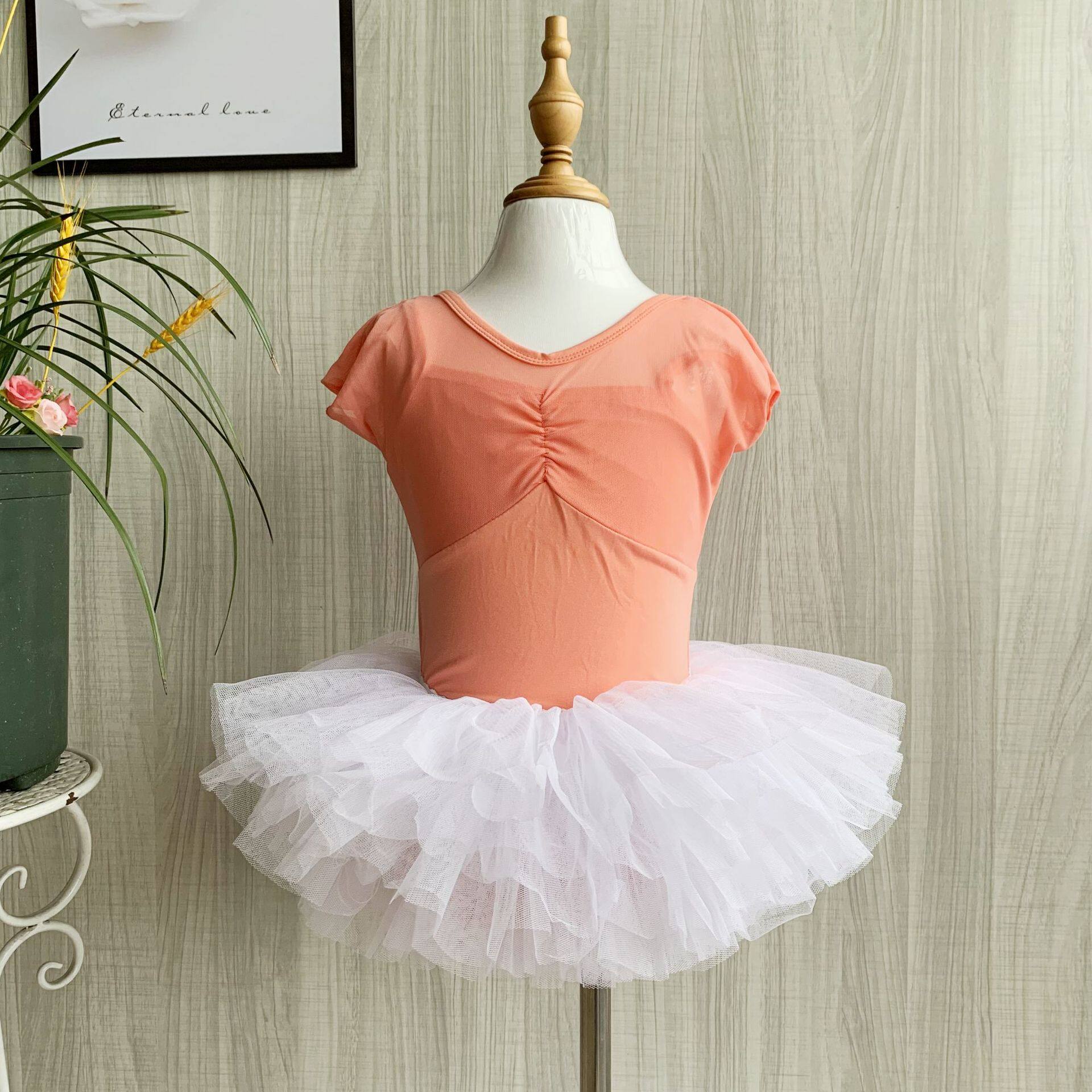 儿童新款舞蹈练功服套装中国民族舞连体开裆暗扣夏季短袖蓬蓬裙女