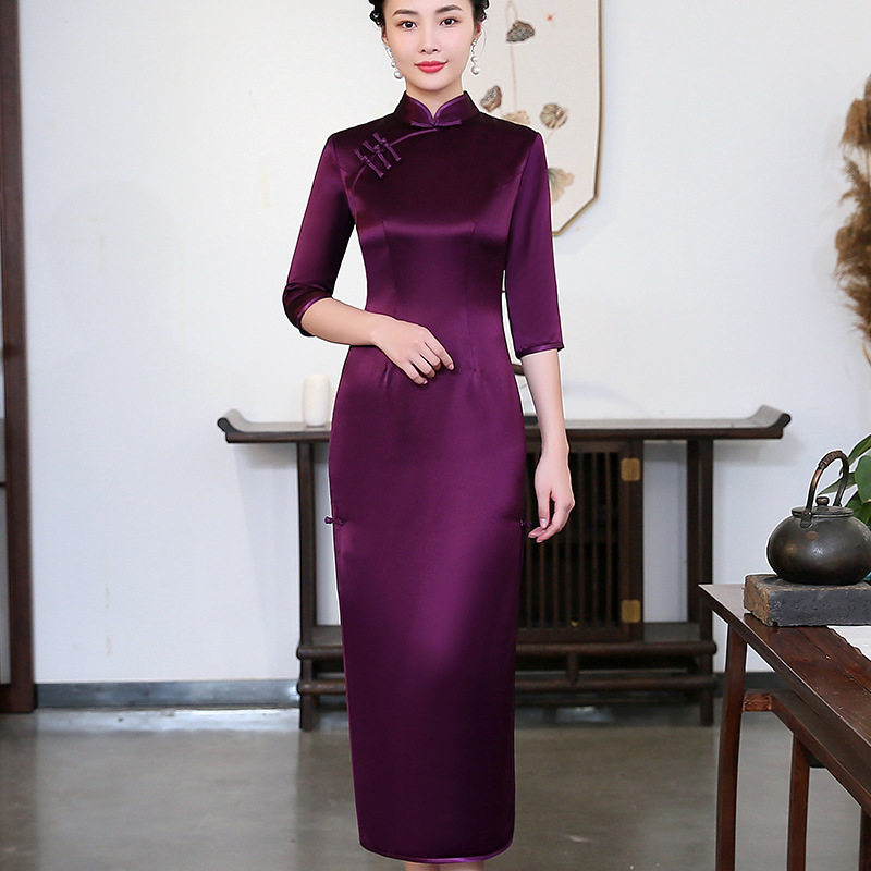 2026新款紫色妈妈装旗袍婚庆婚宴礼服连衣裙秋冬长款中国风连衣裙