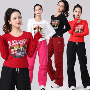 广场舞服装美式复古运动套装工装裤跳舞女鬼步舞休闲百搭长袖上衣