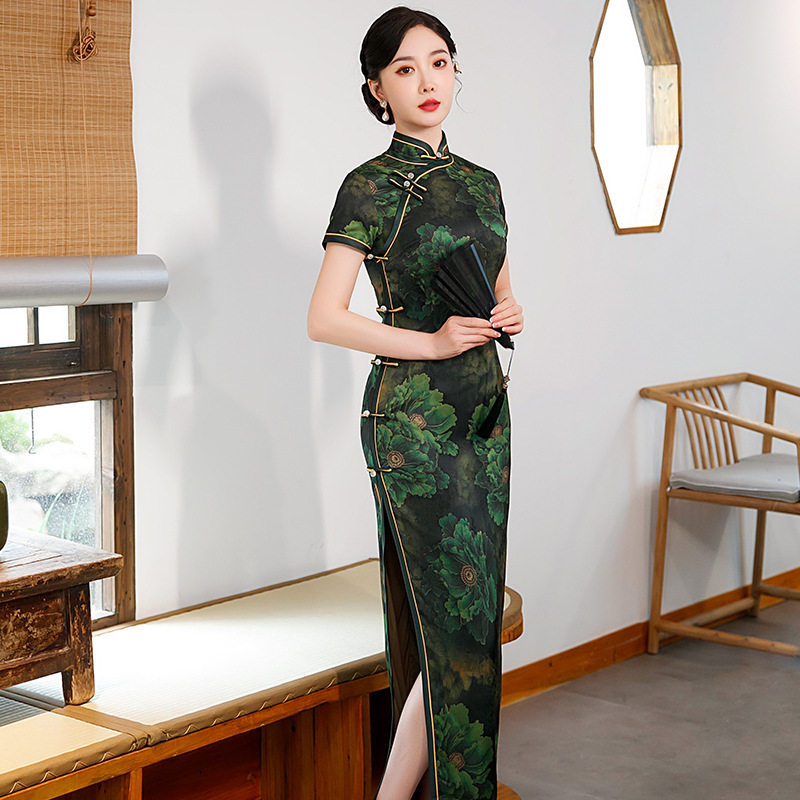 花罗缎长款短袖旗袍2026春夏新款复古民族风中老年女士宴会连衣裙