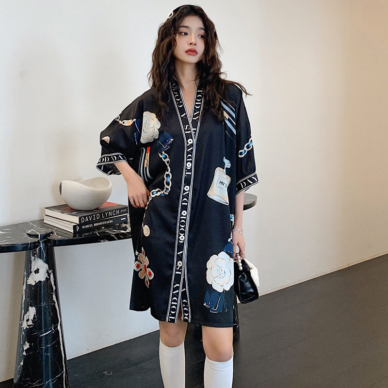 耀婷缎面雪纺睡衣女士2026春夏季俏可爱V领开衫宽松大版睡裙跨境