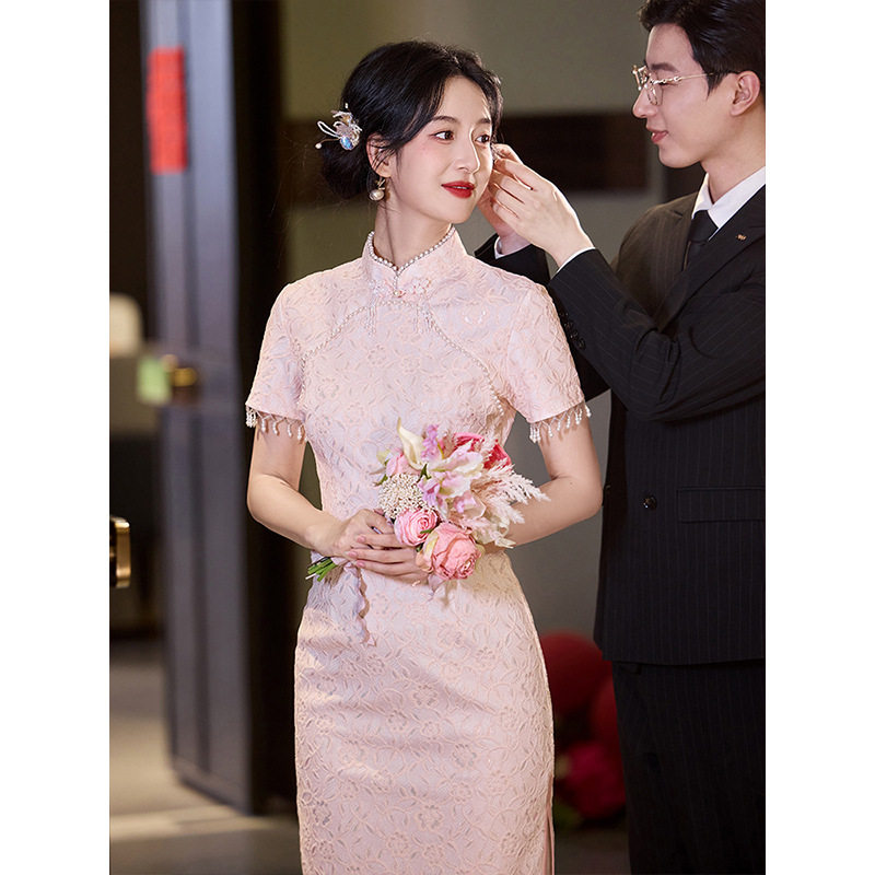 春秋粉色旗袍敬酒服新娘改良年轻款新中式日常可穿蕾丝订婚礼服