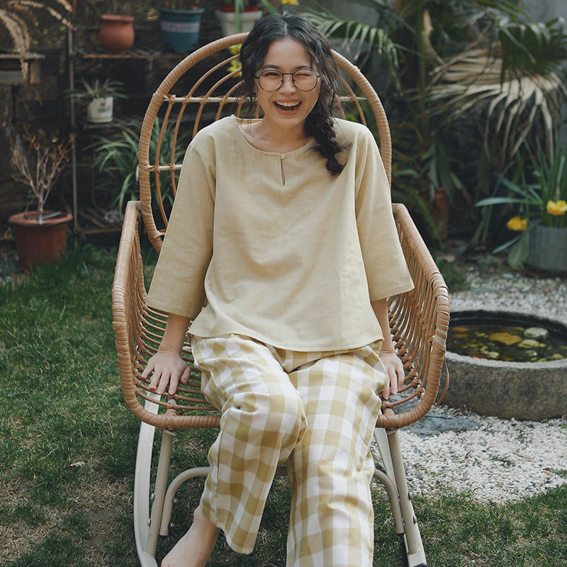 归真69-女士睡衣春秋季纯棉七分袖大码套装休闲可外穿全棉家居服