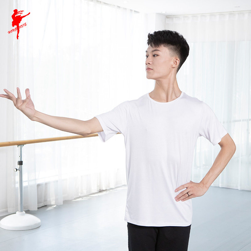 红舞鞋短袖男士莫代尔上衣 圆领半袖舞蹈跳舞练功服装T恤健身外贸