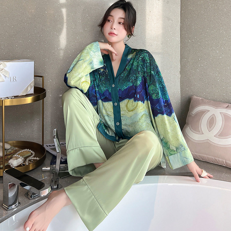 2026新款跨境春夏季睡衣女冰丝长袖和服领宫廷风仿真丝大码家居服