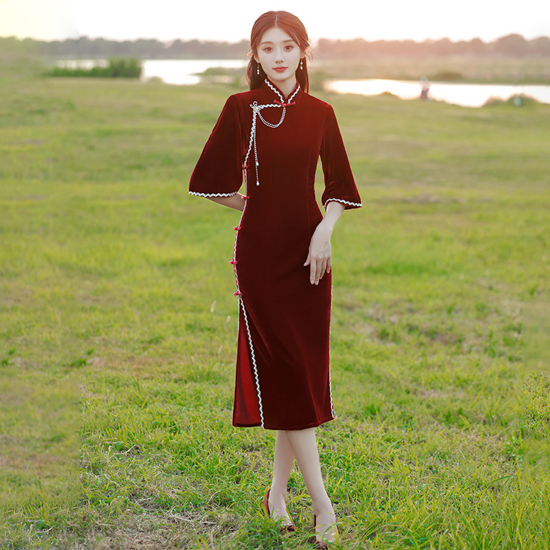 酒红色旗袍2025年新款敬酒服新娘冬季长袖丝绒年轻款高端礼仪