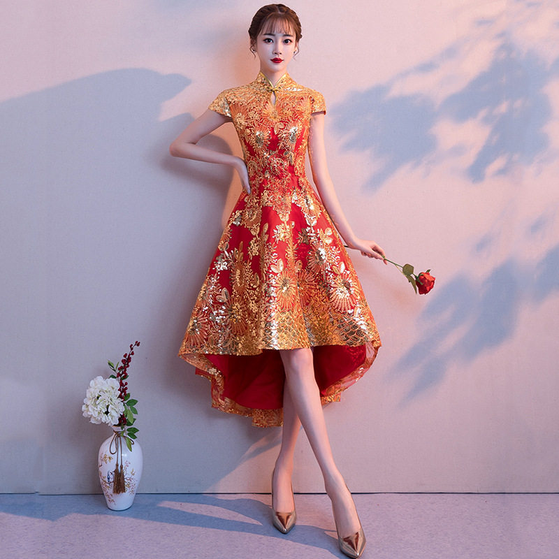 2026新款新娘中式嫁衣立领修身亮片结婚敬酒服前短后长改良连衣裙