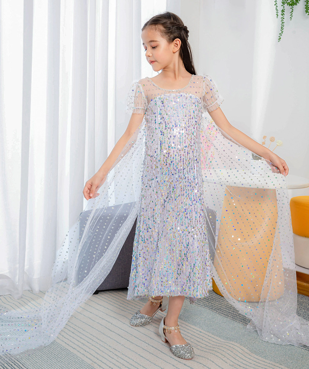 女童艾莎拖尾白色公主裙
