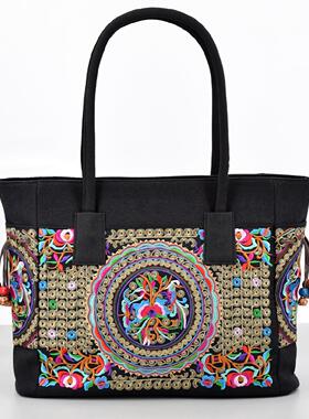 跨境包包女包托特包tote bags复古大容量刺绣女式单肩手提绣花包