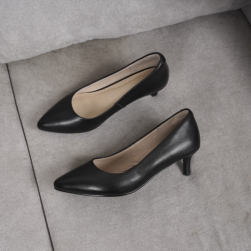 小跟女鞋真皮春季低跟3-5cm高跟鞋女士皮鞋浅口大码细跟矮跟工鞋