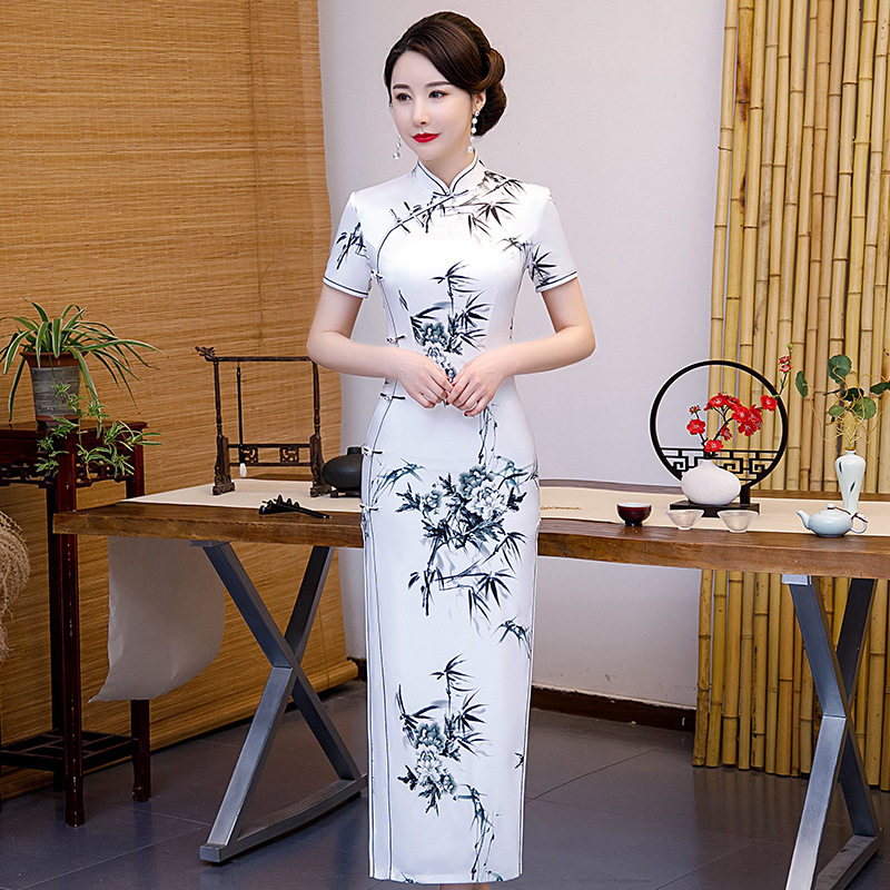 气质端庄中国风丝绸水墨旗袍长款礼服走秀演出服妈妈装优雅复古