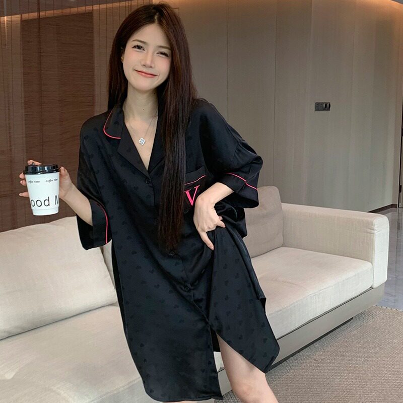 韩系简约风衬衫裙睡衣女丝绸长袖ins风春夏季家居服套装