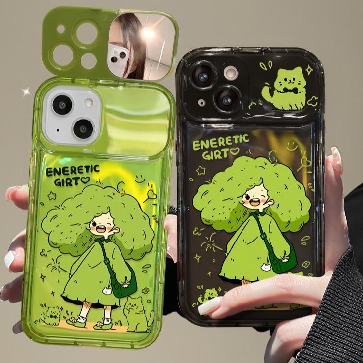 适用苹果15壳iphone17promax元气绿色女孩16翻盖镜子14软硅胶