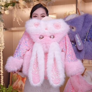 仿皮草2025新款儿童兔子耳朵毛毛衣外套加绒厚棉服洋气卡通公主风