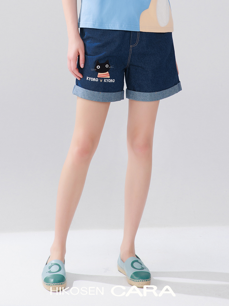 HIKOSEN CARA卡拉猫夏季牛仔短裤显瘦日系女a字宽松中腰猫咪热裤