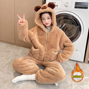 女童睡衣秋冬加绒加厚保暖法兰绒居家服中大童可爱公主珊瑚绒套装