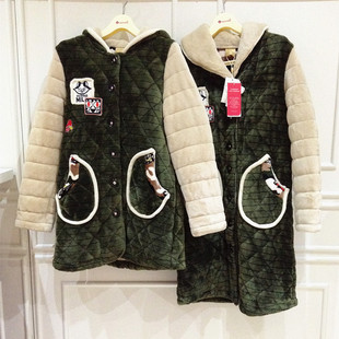 芬腾睡袍女士秋冬季珊瑚绒夹棉套装三层加绒薄款女法兰绒睡袍浴袍