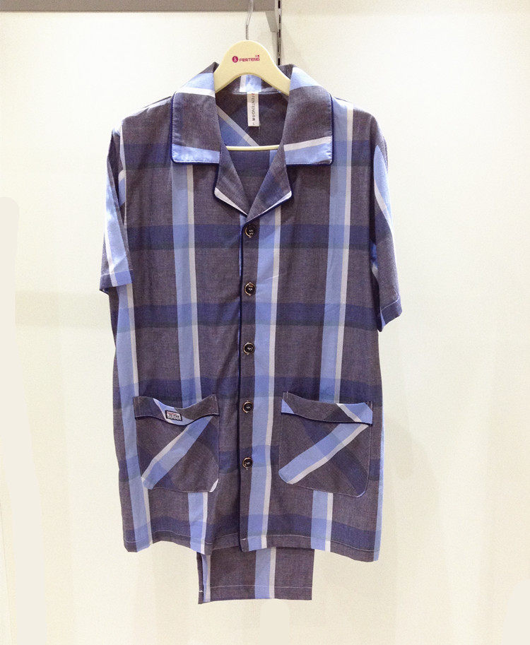 芬腾夏季男士梭织棉短袖睡衣全棉家居服短袖开衫格子套装m8722054