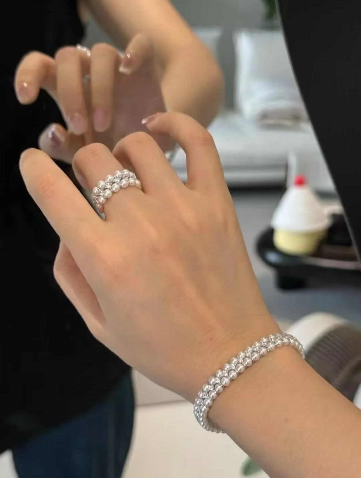 水之泪天然淡水珍珠双排手链项链戒指3-4mm近正圆强光微瑕14k包金