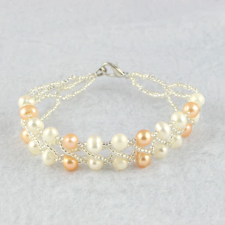 水之泪天然淡水珍珠手链双排编织5-6mm时尚编织花式螺纹近圆巴洛