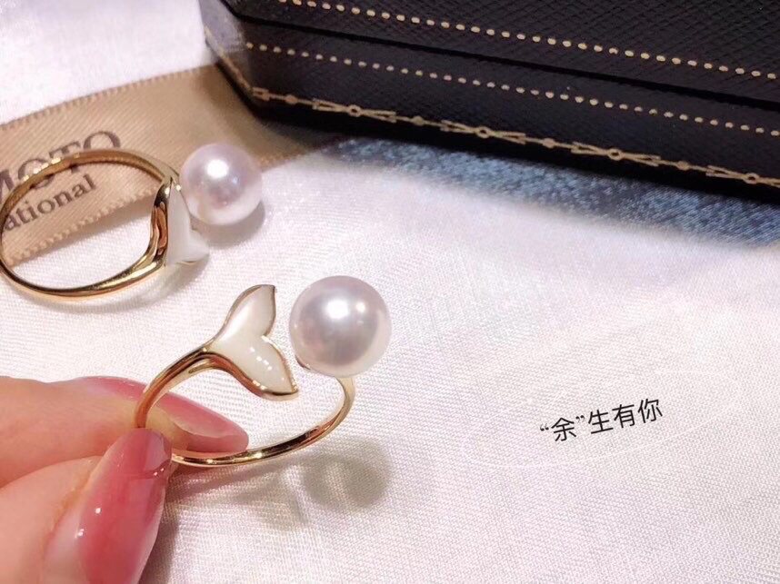 水之泪天然淡水珍珠鱼尾戒指s925银6-7mm正圆淡水akoya媲美海珠