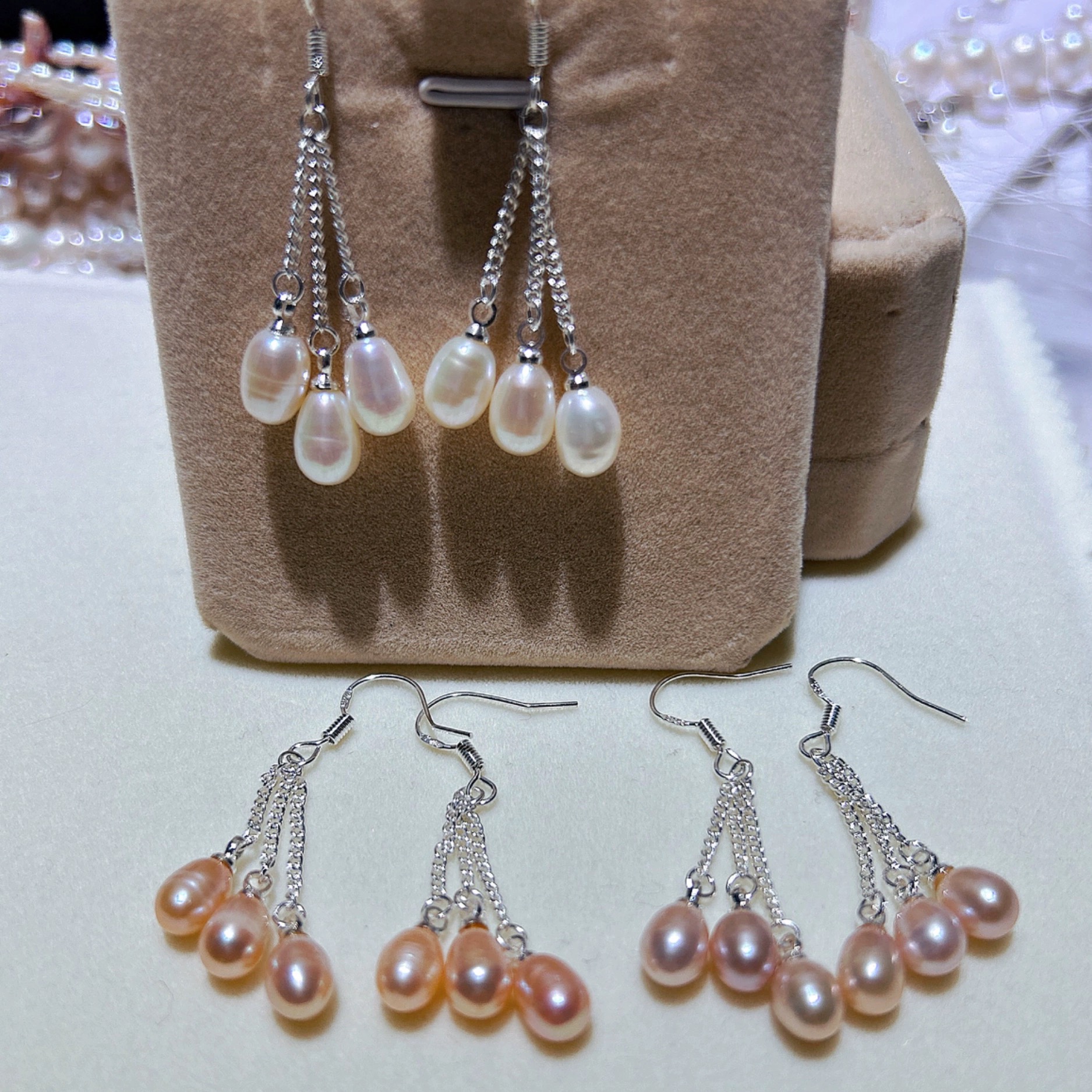 水之泪天然淡水珍珠耳环长款三线925银6-7mm水滴米形强光微瑕百搭