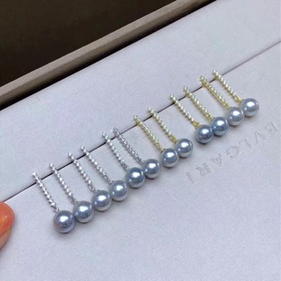 水之泪日本akoya海水珍珠真多麻8 9mm灰蓝色925银耳环近正圆强光