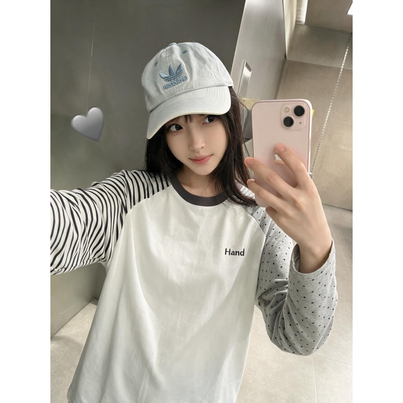 HandSeven美式秋季新款波点条纹撞色拼接插肩长袖T恤设计感上衣服