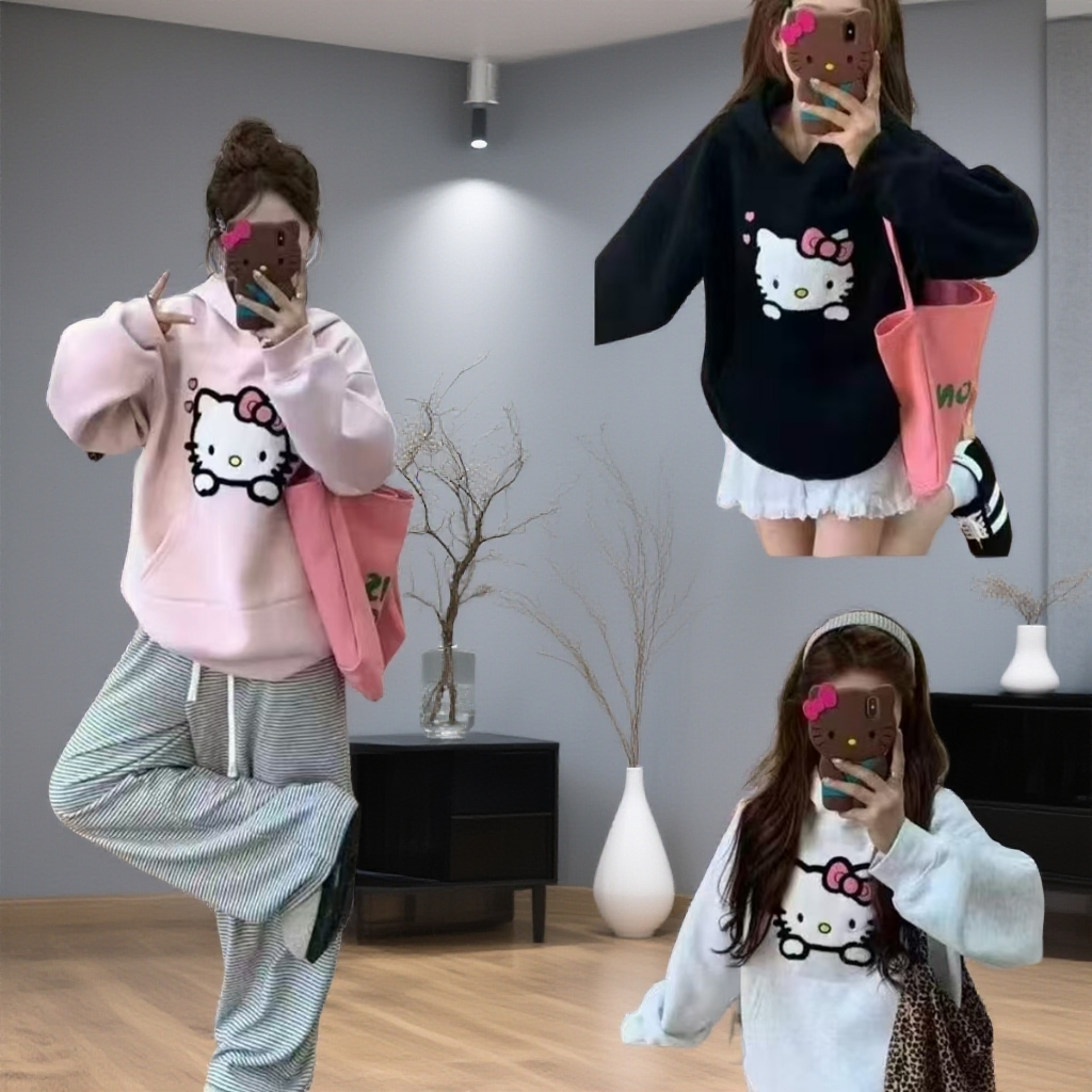 可爱卡通毛巾kt猫刺绣连帽卫衣