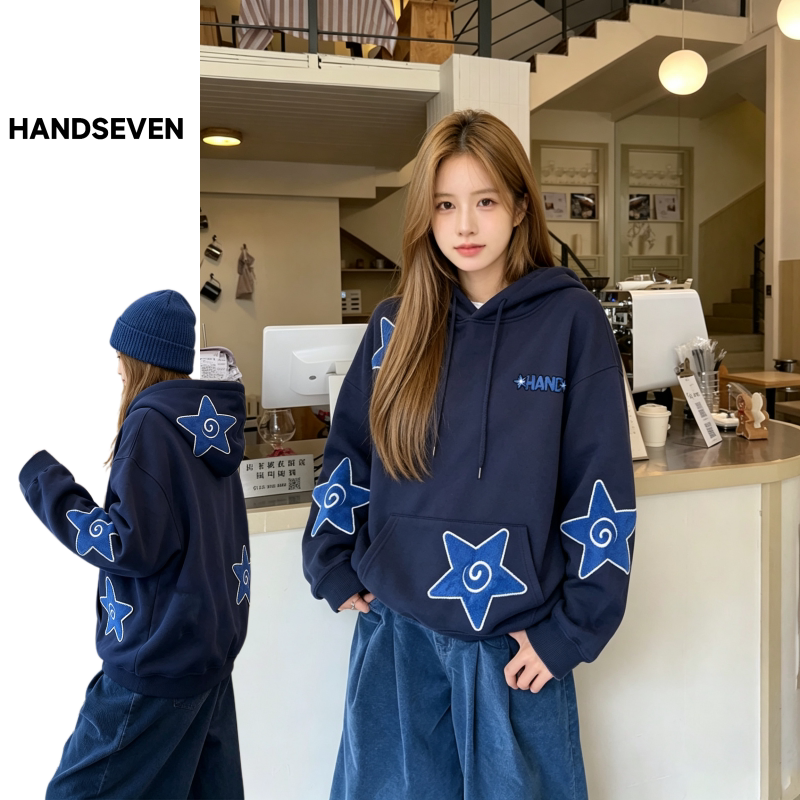 HandSeven美式星星毛巾刺绣字母连帽卫衣秋冬季保暖上衣百搭宽松