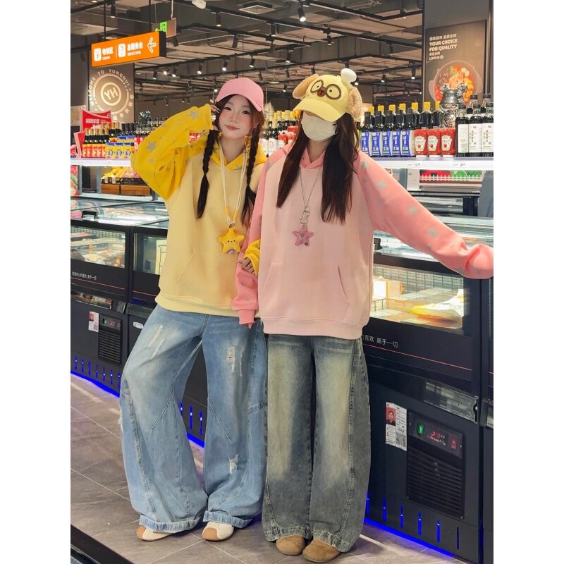 HandSeven日韩街头多巴胺刺绣字母连帽卫衣宽松休闲简约加绒上衣