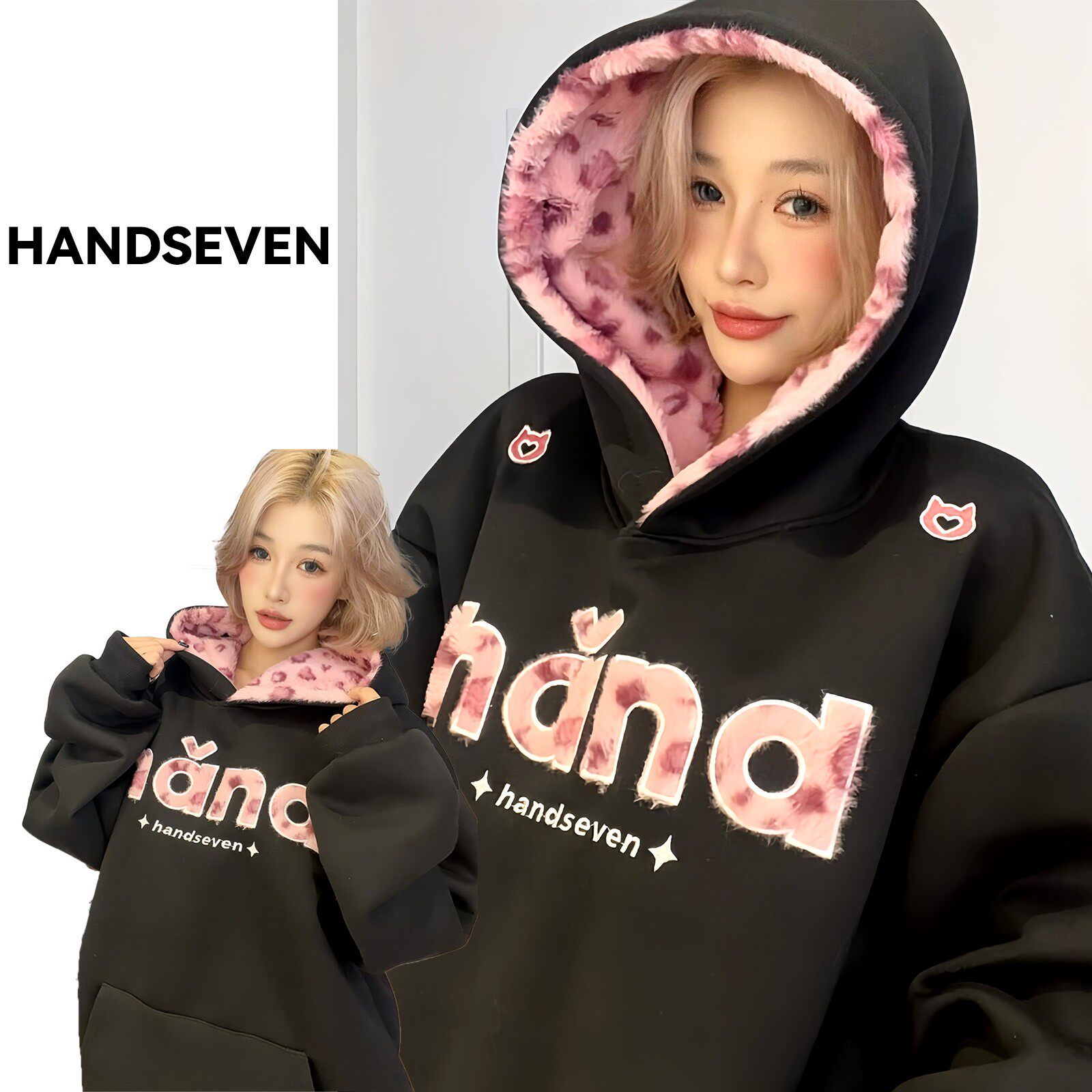 HandSeven美式复古风字母刺绣连帽卫衣秋冬2026新款慵懒风连帽衫
