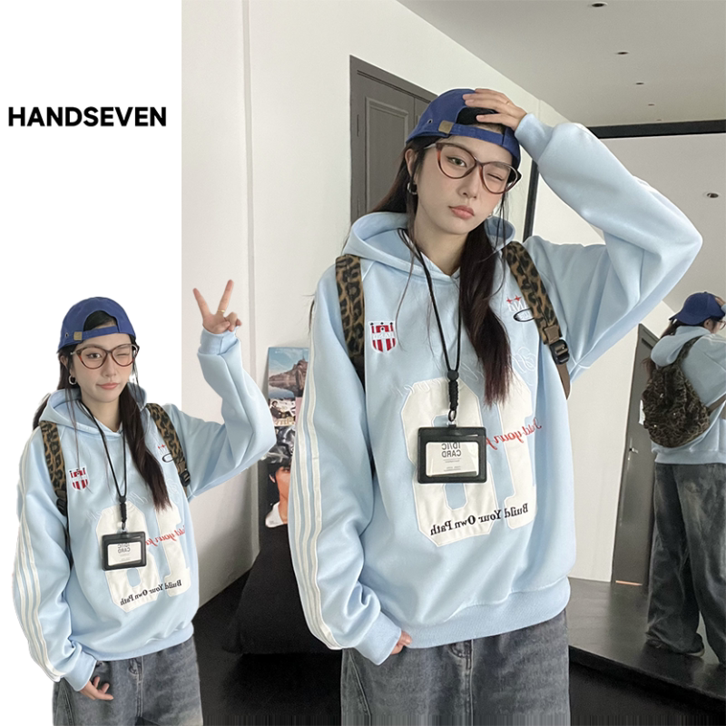 HandSeven韩版潮牌重磅三条贴布刺绣字母连帽卫衣杠百搭宽松上衣