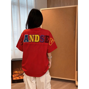 HandSeven美式彩色字母毛巾绣宽松短袖T恤春夏新款百搭半袖T恤衣