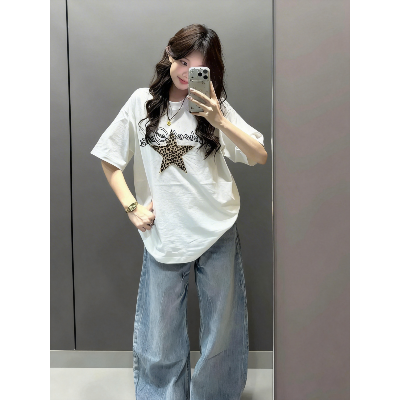 HandSeven复古豹纹星星贴布绣烫钻潮牌短袖t恤夏季圆领美式上衣